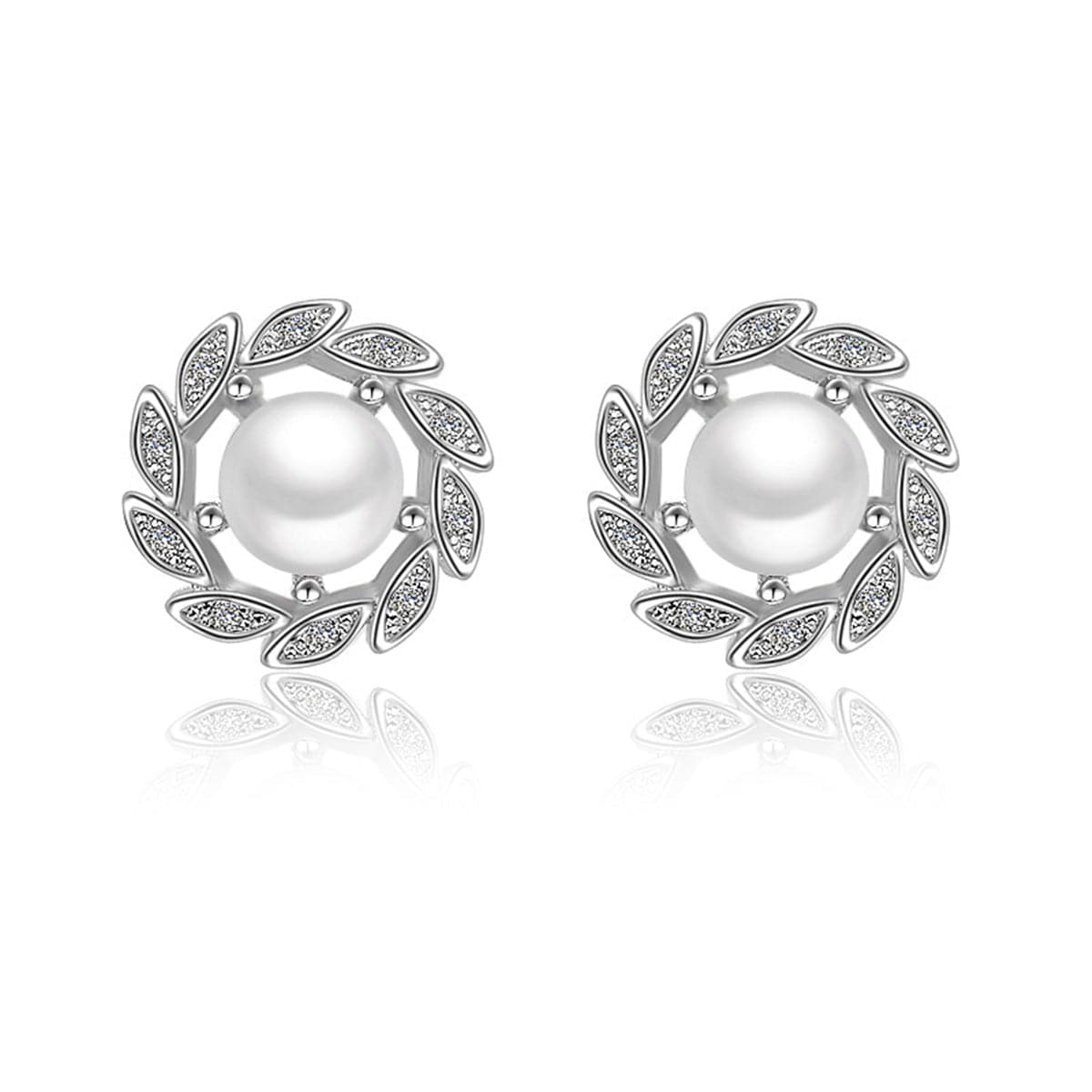 Imitation Pearl & cubic zirconia Leaf Halo Stud Earrings - streetregion