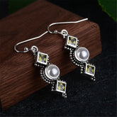 Green Crystal & Imitation Pearl Square Drop Earrings - streetregion