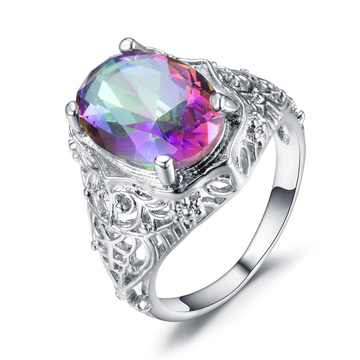 Purple Iridescent Crystal & Silvertone Oval-Cut Filigree Ring - streetregion