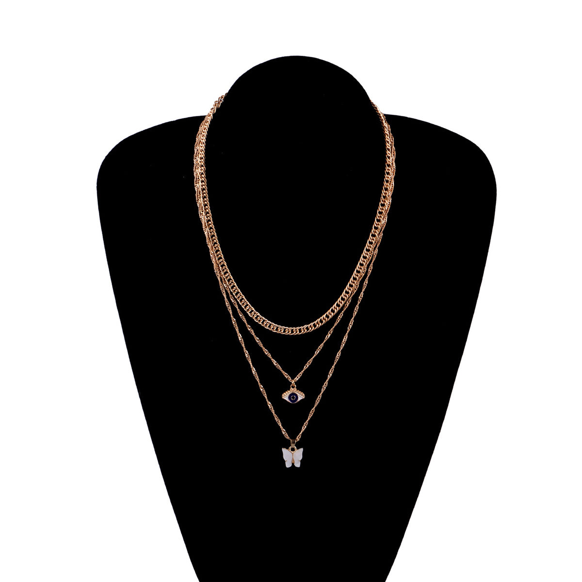 White Acrylic and 18K Gold-Plated Butterfly and Eye Layered Pendant Necklace, gold pendant necklace for women, styled look