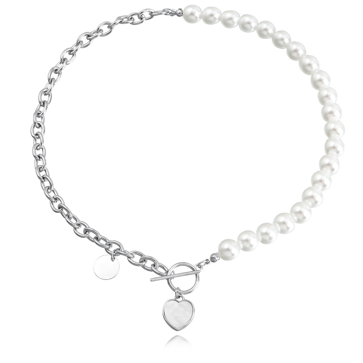 Pearl and White Shell Silver-Plated Asymmetrical Heart Toggle Pendant Necklace, silver pendant necklace for..., styled look