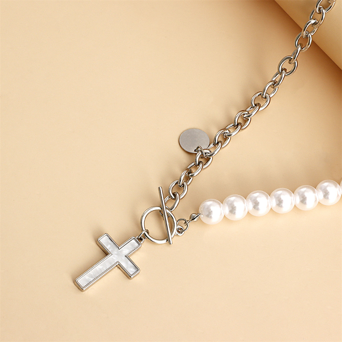 Pearl and Silver-Plated Half-Chain Cross Toggle Necklace, silver pendant necklace for women, styled look