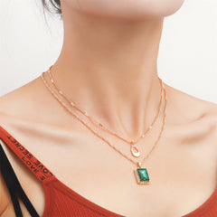 Green Crystal & Cubic Zirconia 18K Gold-Plated Pendant Layered Necklace