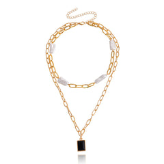 Pearl & Crystal 18K Gold-Plated Rectangle Layered Pendant Necklace