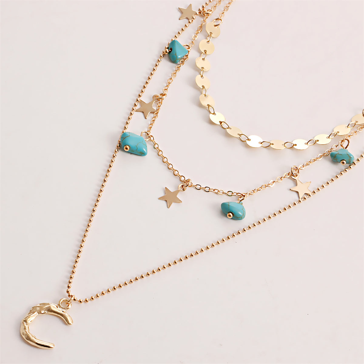 Turquoise and 18K Gold-Plated Star Moon Layered Pendant Necklace, gold pendant necklace for women, styled look