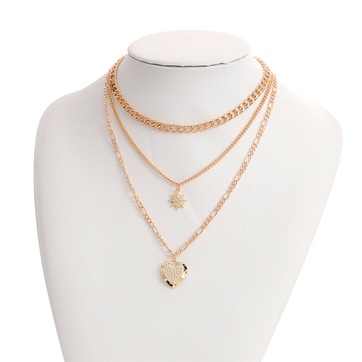 Pearl and Cubic Zirconia Star Heart Pendant Necklace - Set Of Three, jewelry gift sets for women, everyday style, styled look