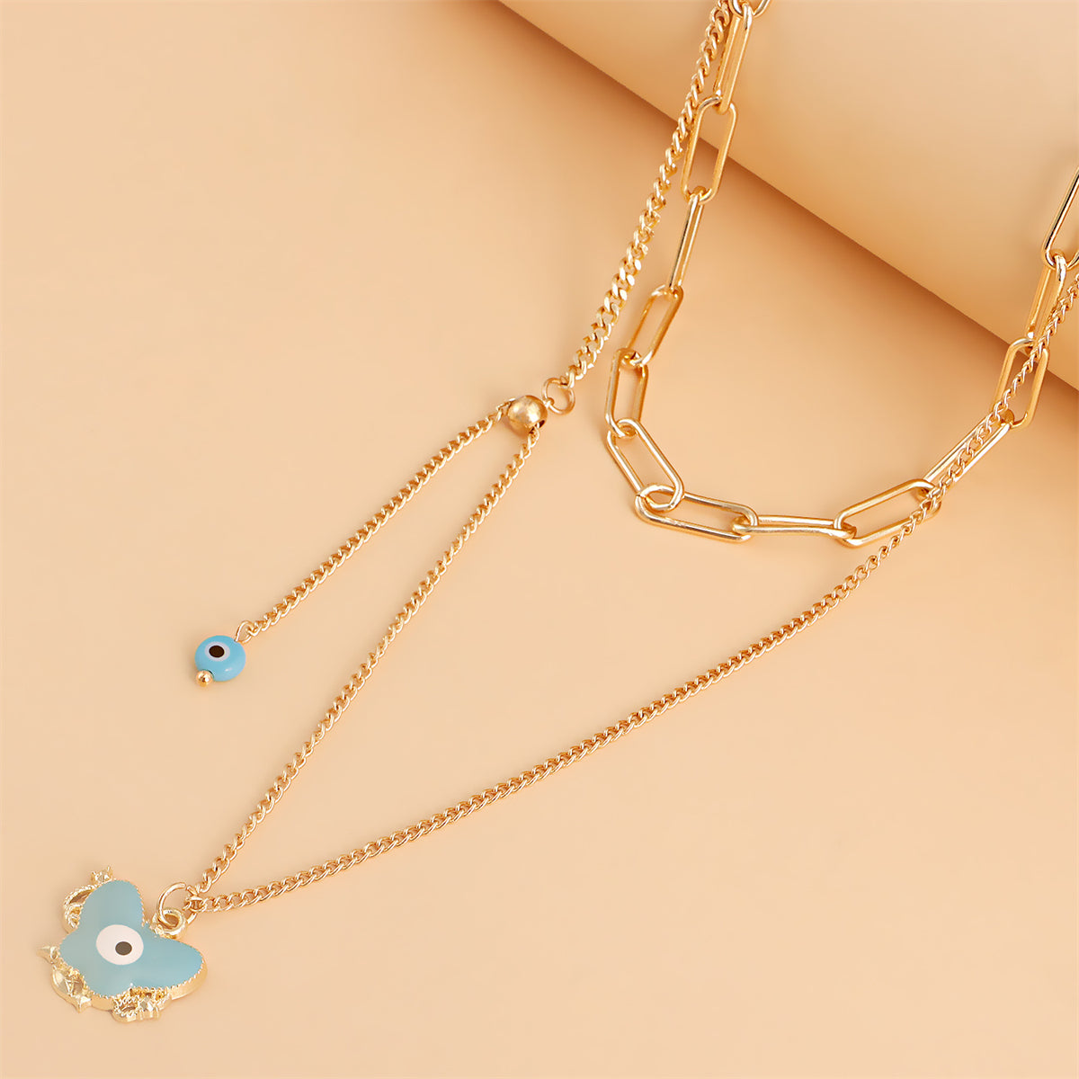 Blue Enamel and 18K Gold-Plated Eye Butterfly Layered Drop Pendant Necklace, gold pendant necklace for women, styled look