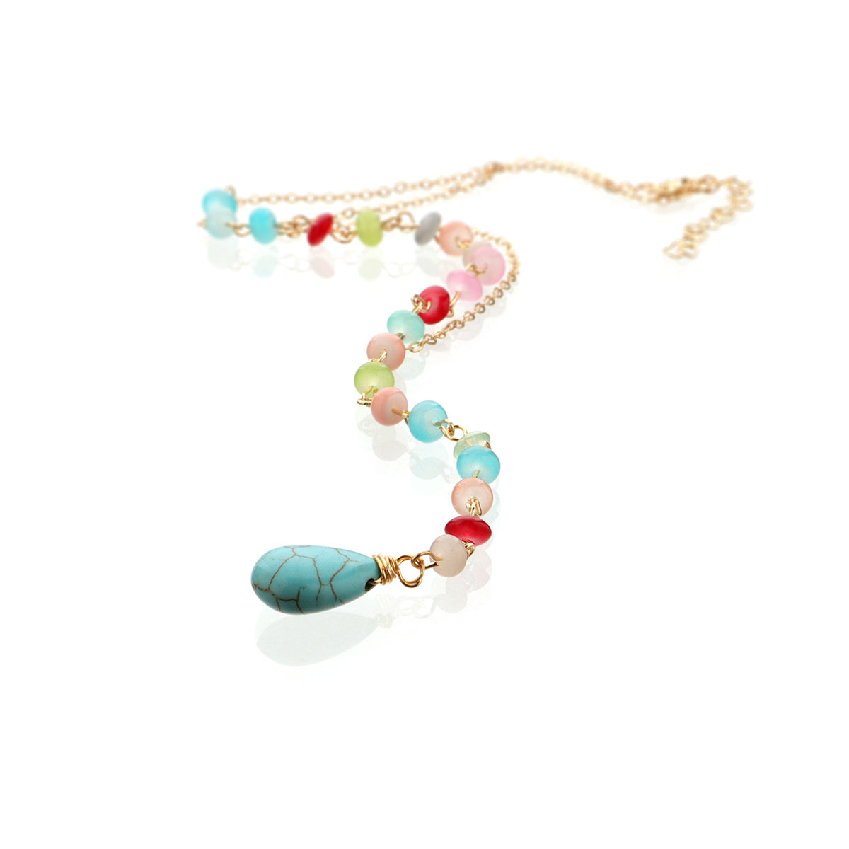 Turquoise and Multicolor Acrylic 18K Gold-Plated Bead Drop Necklace, gold pendant necklace for women, detail close-up