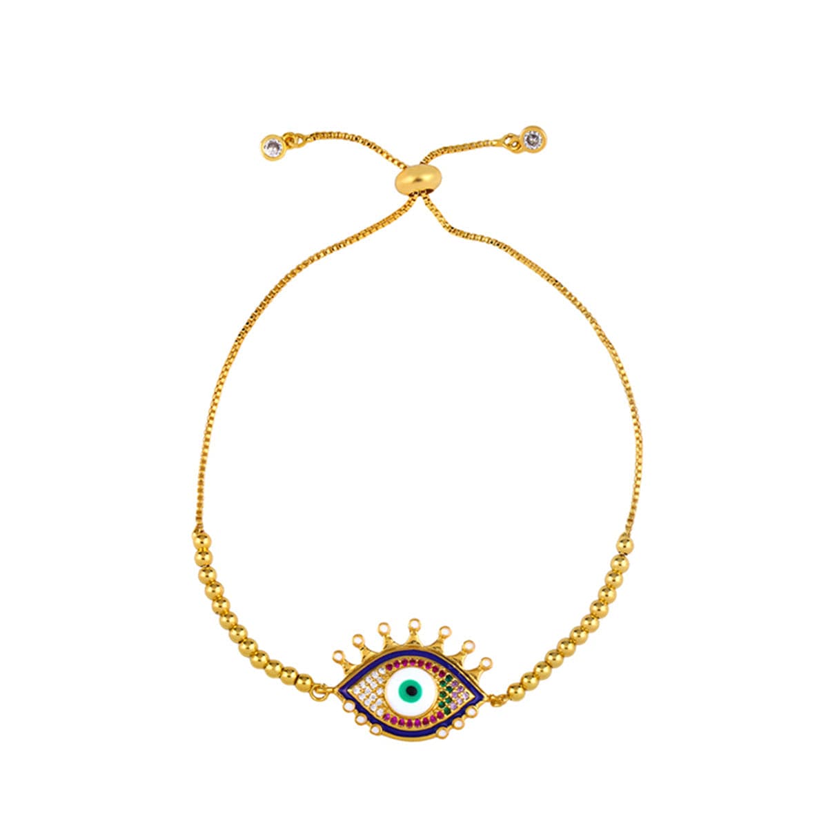 Cubic Zirconia and 18K Gold-Plated Evil Eye Adjustable Bracelet, gold bracelet for women, front view