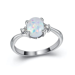 White Opal & Cubic Zirconia Oval-Cut Polished-Band Ring