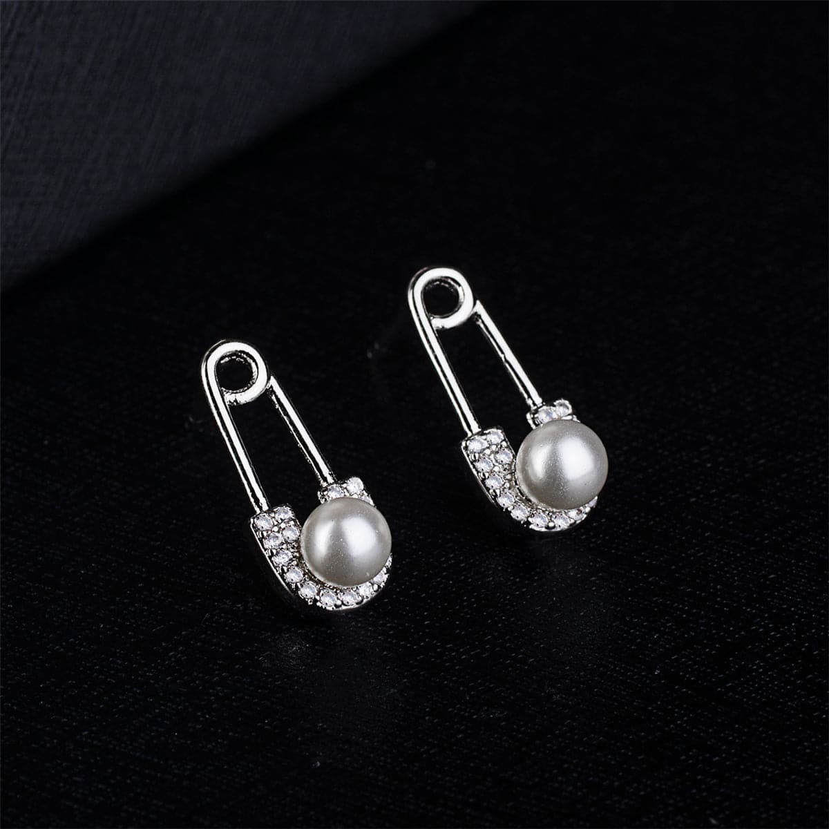 cubic zirconia & pearl Safety Pin Stud Earrings - streetregion