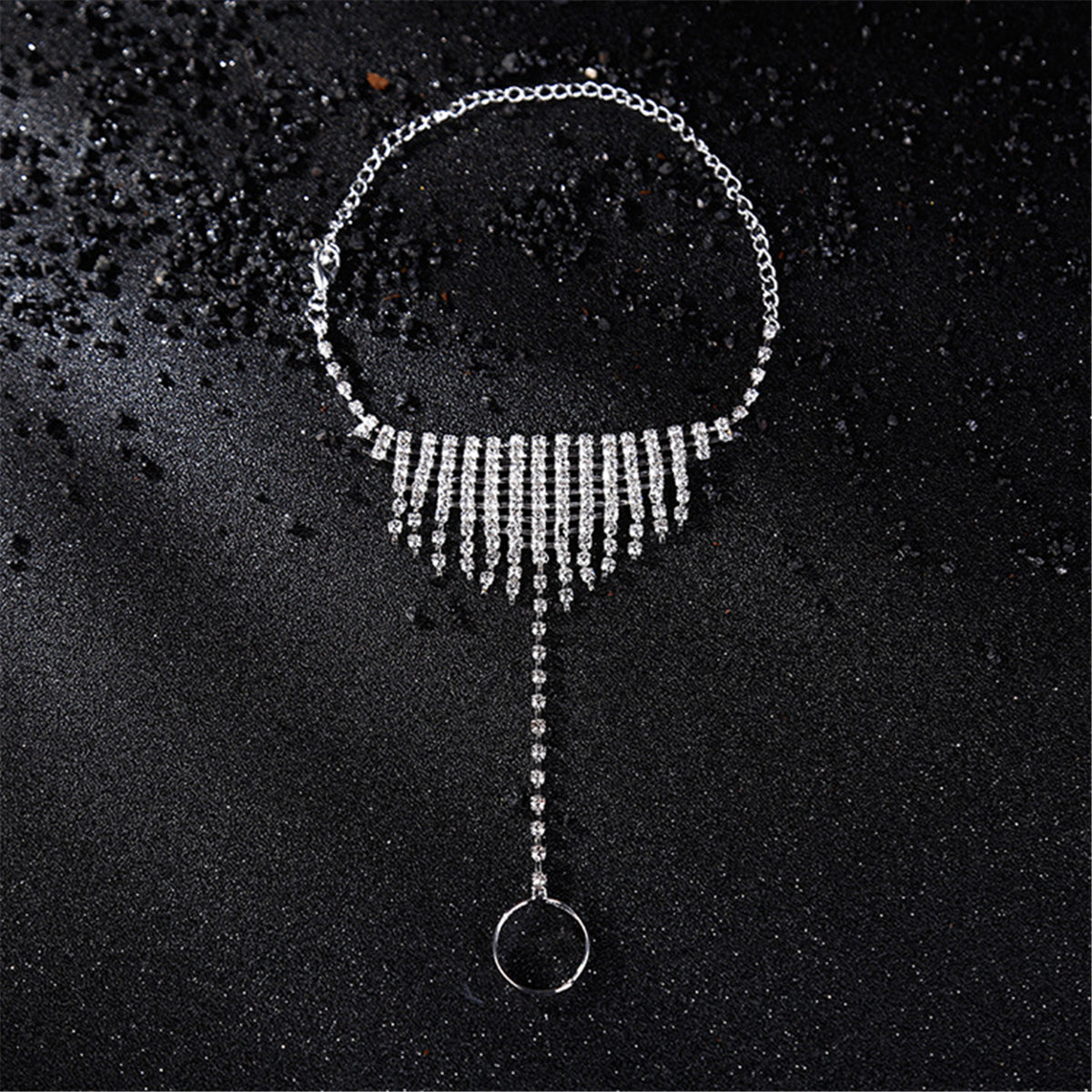 Cubic Zirconia Tassel Anklet and Toe Ring Set, statement rings for women, elegant gift for her, front view