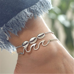 Silver-Plated Shell & Wave Charm Anklet Set