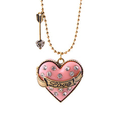 A pink heart pendant adorned with a diamond arrow, crafted from cubic zirconia and 18K gold-plated as a 'Love' locket.