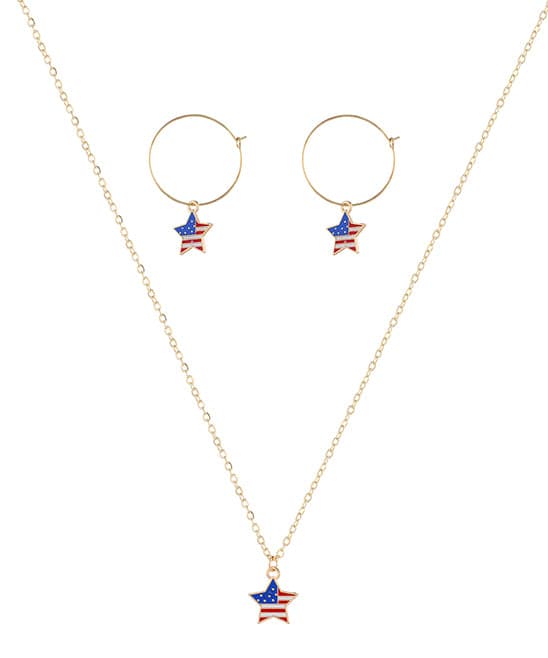 18K gold-plated American flag jewelry set featuring a star necklace and earrings, perfect for Independence Day celebrations.