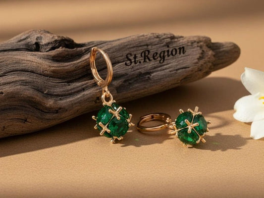 Complete guide to earring trends 2026 for sensitive ears - St.Region sustainable fashion jewelry featuring green crystal & goldtone ball huggie earrings