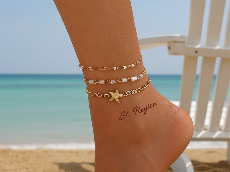 Acrylic & Goldtone Beads Chain Starfish Charm Anklet Set from St.Region photographed for the article Copper vs Goldtone Jewelry: Which Lasts Longer.