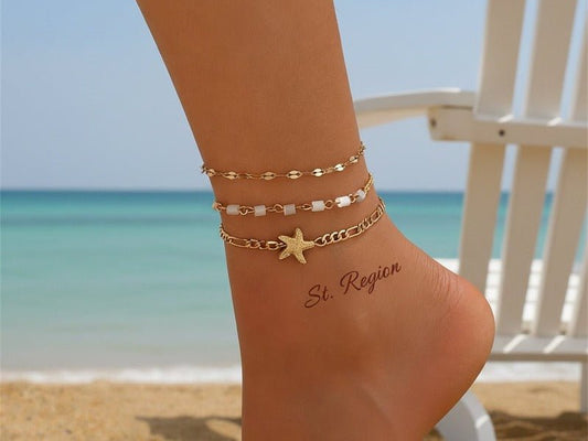 Acrylic & Goldtone Beads Chain Starfish Charm Anklet Set from St.Region photographed for the article Copper vs Goldtone Jewelry: Which Lasts Longer.