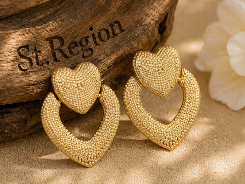 18K Gold-Plated Textured Open-Heart Drop Earrings from St.Region photographed for the article Heart Drop Earrings: Meaning, Symbolism and History.