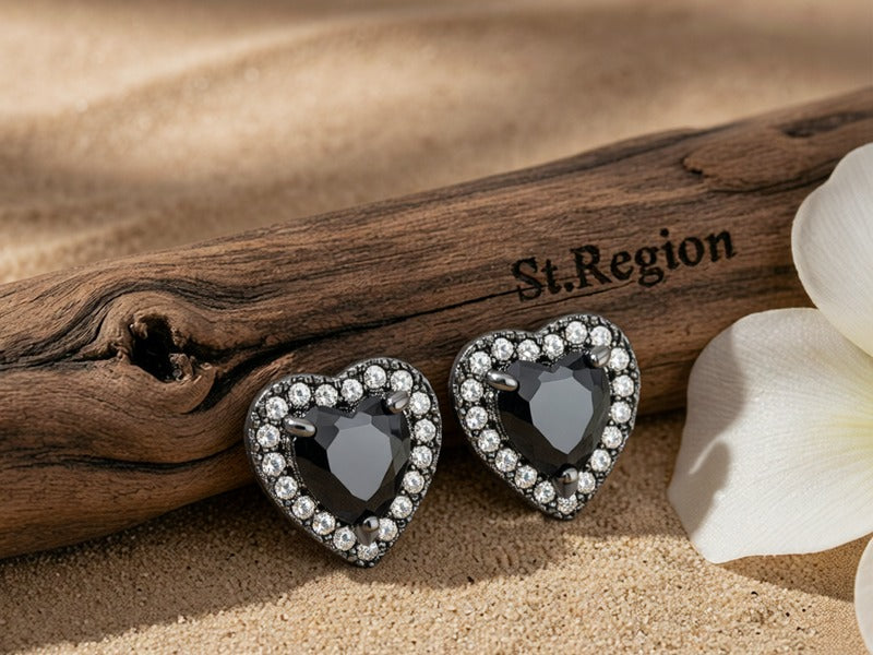 Cover image for How St.Region Makes Heart Stud Earrings Sustainably: St.Region Black Crystal & Cubic Zirconia Rhodium-Plated Halo Heart Stud Earrings in cubic