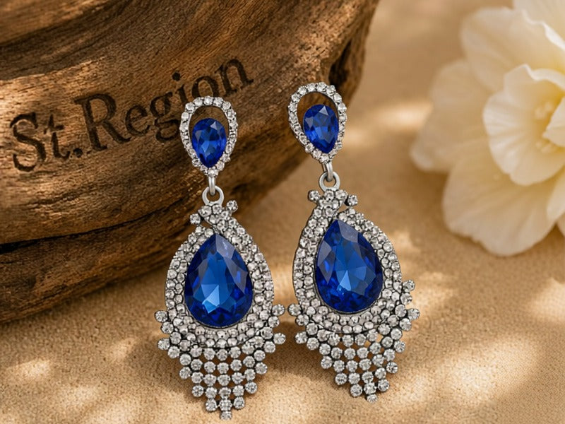 Blue Pear Crystal & Cubic Zirconia Drop Earrings from St.Region photographed for the article 2026 Jewelry Forecast: The Cubic Zirconia Drop Earrings Outlook.