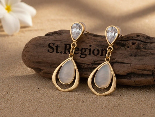 18K Gold-Plated & Clear Crystal Planet Drop Earrings from St.Region photographed for the article Drop Earrings for Beginners: What to Look for.