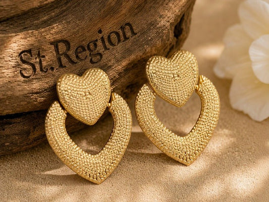 18K Gold-Plated Textured Open-Heart Drop Earrings from St.Region photographed for the article Heart Drop Earrings: Meaning, Symbolism and History.
