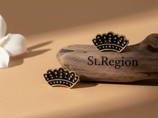Cover image for How to Tell If Stud Earrings Will Last: St.Region 18K Gold-Plated & Black Enamel Crown Stud Earrings in enamel arranged on a neutral surface.