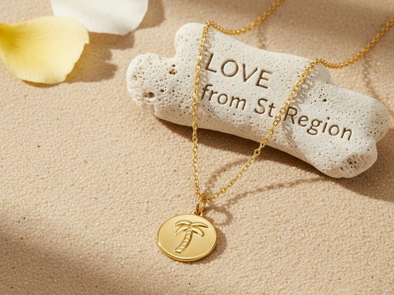 18K Gold-Plated Palm Tree Round Pendant Necklace from St.Region photographed for the article Nickel-free Necklaces Mistakes to Avoid (and Easy Fixes).