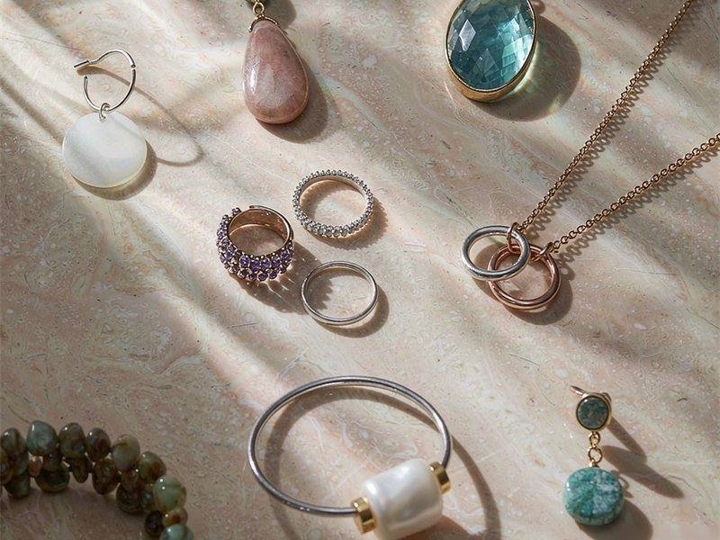 St.Region sustainable jewelry collection - handmade necklaces with gemstones, crystal earrings, stackable rings and pearl bracelet on marble
