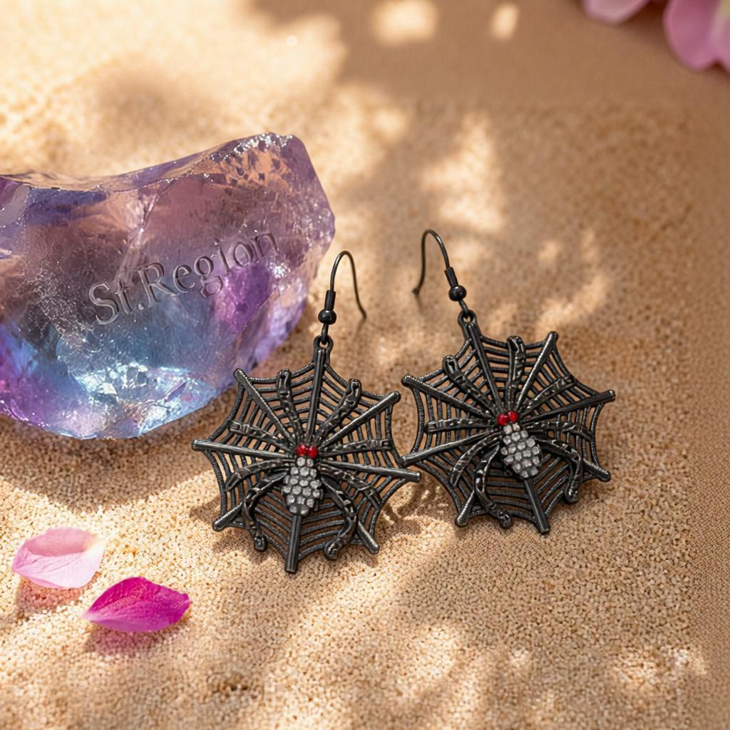 Red Cubic Zirconia and Black Spider Drop Earrings, drop earrings for women, everyday style, detail close-up