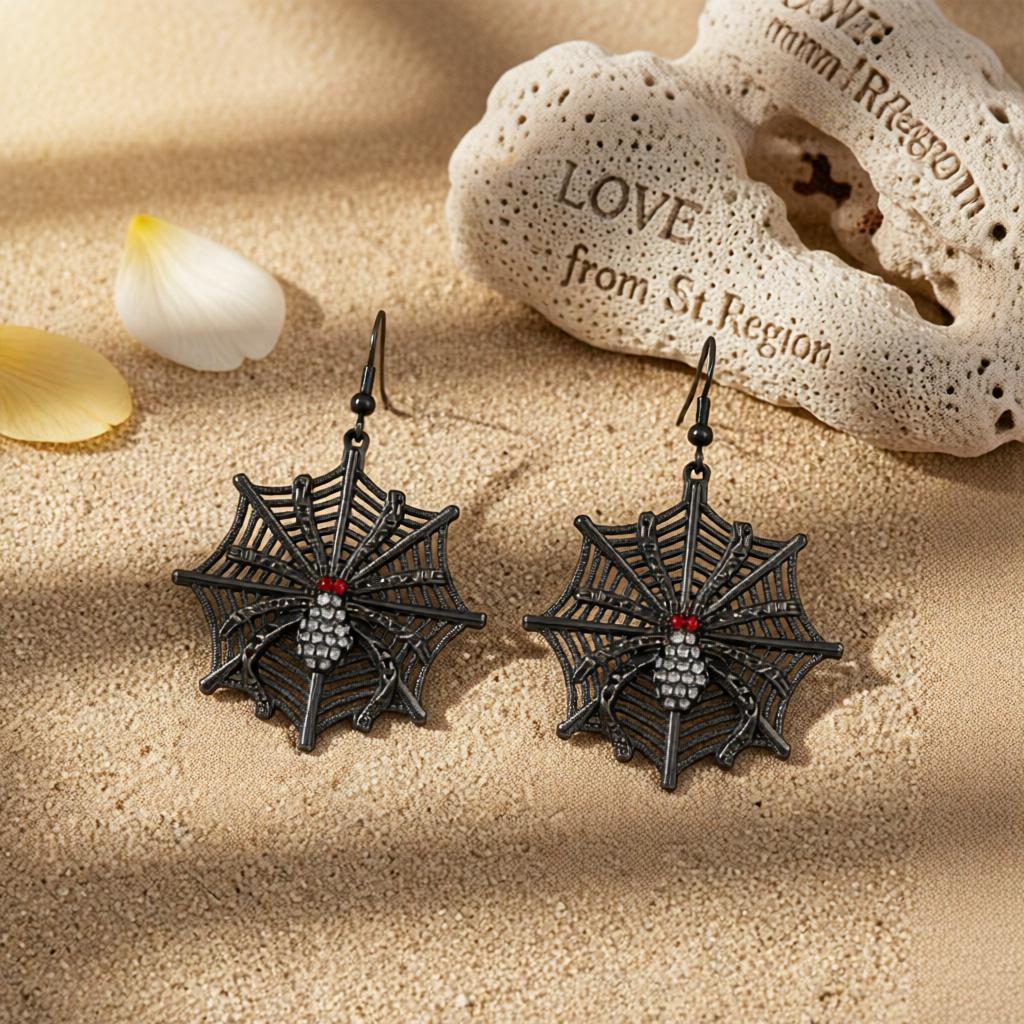 Red Cubic Zirconia and Black Spider Drop Earrings, drop earrings for women, everyday style, lifestyle look