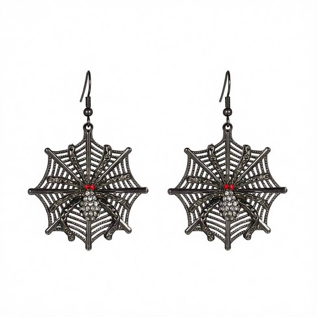 Red Cubic Zirconia & Black Spider Drop Earrings