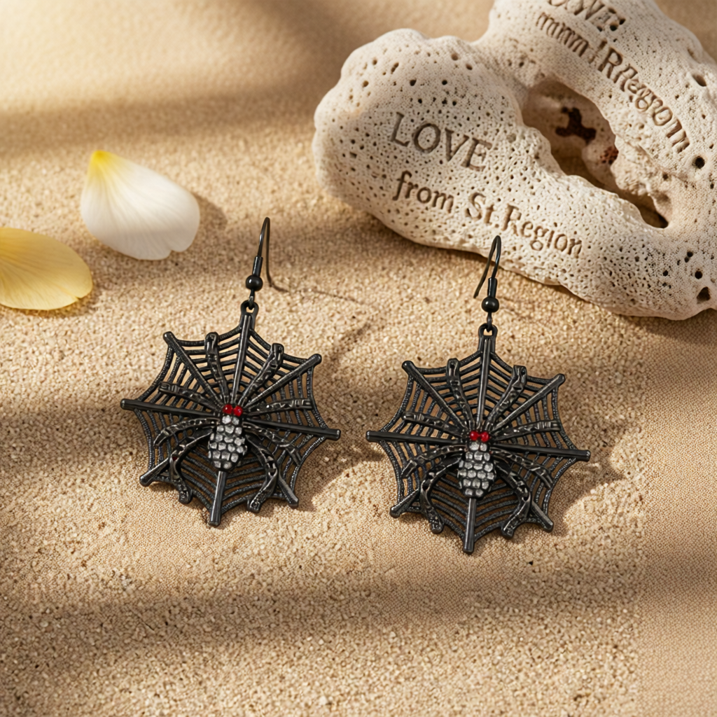 Red Cubic Zirconia & Black Spider Drop Earrings