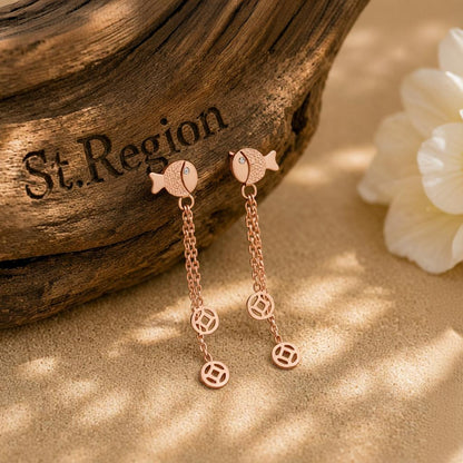 18K Rose Gold-Plated Fish Drop Earring, rose gold drop earrings for women, elegant gift for her, front view