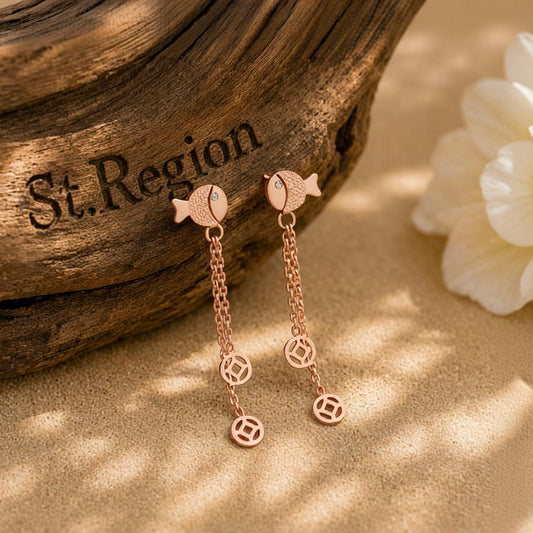 18K Rose Gold-Plated Fish Drop Earring, rose gold drop earrings for women, elegant gift for her, front view