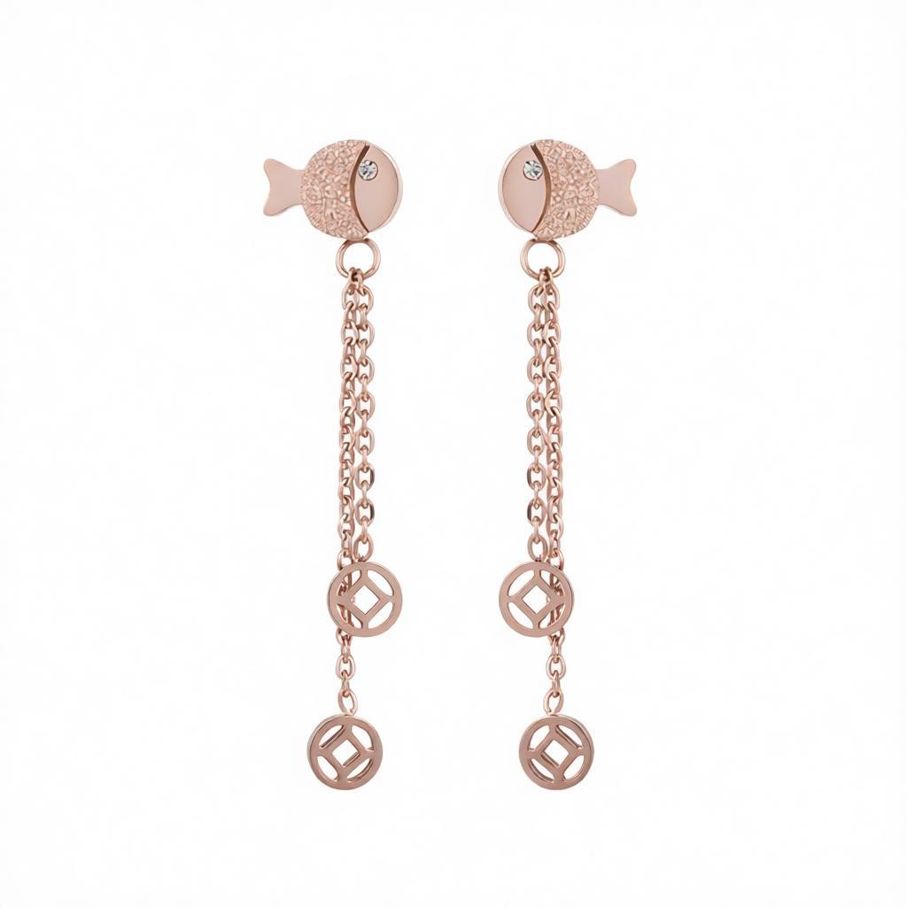 18K Rose Gold-Plated Fish Drop Earring, rose gold drop earrings for women, elegant gift for her, side view