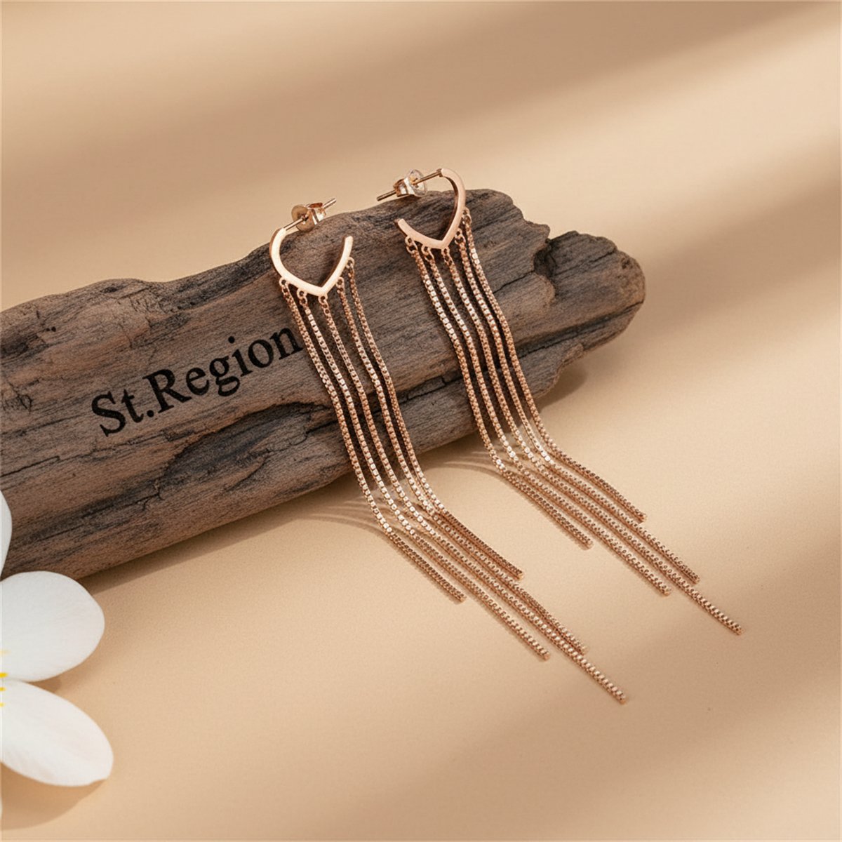 18K Rose Gold-Plated Tassel Open Hoop Drop Earrings, rose gold huggie earrings, elegant gift for her, front view