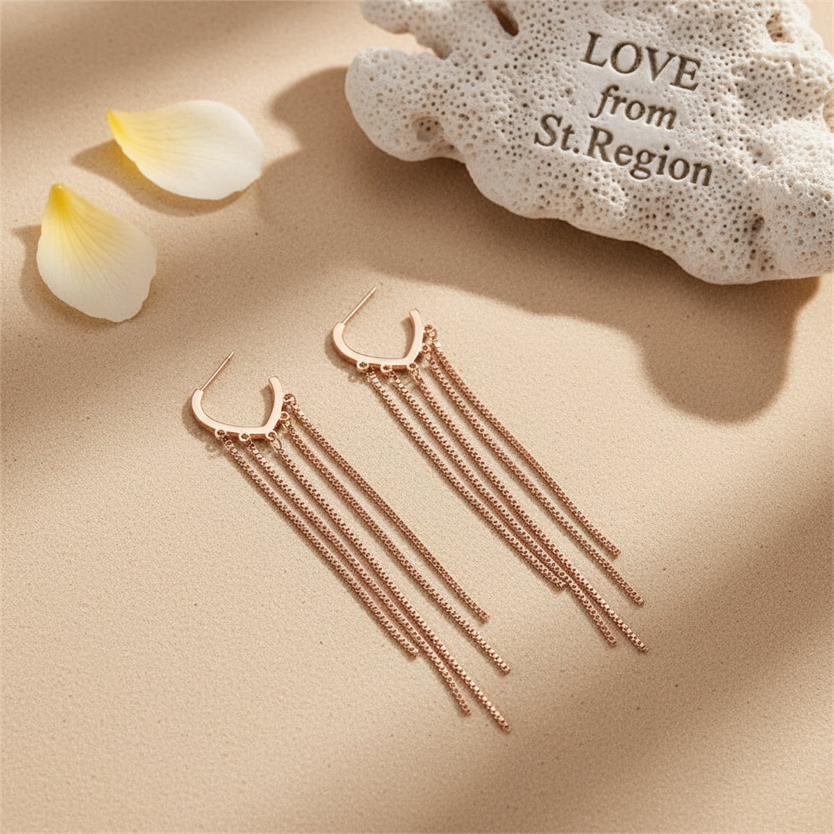 18K Rose Gold-Plated Tassel Open Hoop Drop Earrings, rose gold huggie earrings, elegant gift for her, lifestyle look