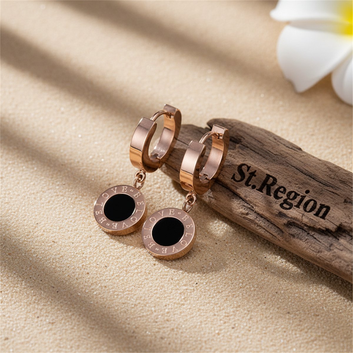 Black and 18K Rose Gold-Plated Huggie Earrings, rose gold huggie earrings, vintage-inspired design, front view