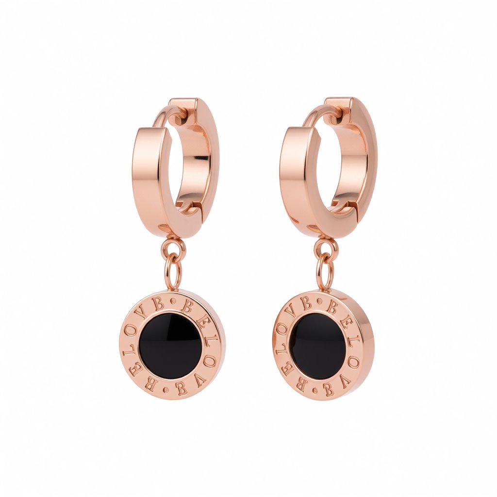 Black and 18K Rose Gold-Plated Huggie Earrings, rose gold huggie earrings, vintage-inspired design, side view