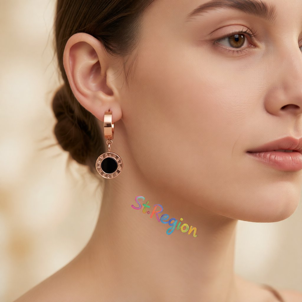 Black and 18K Rose Gold-Plated Huggie Earrings, rose gold huggie earrings, vintage-inspired design, styled look