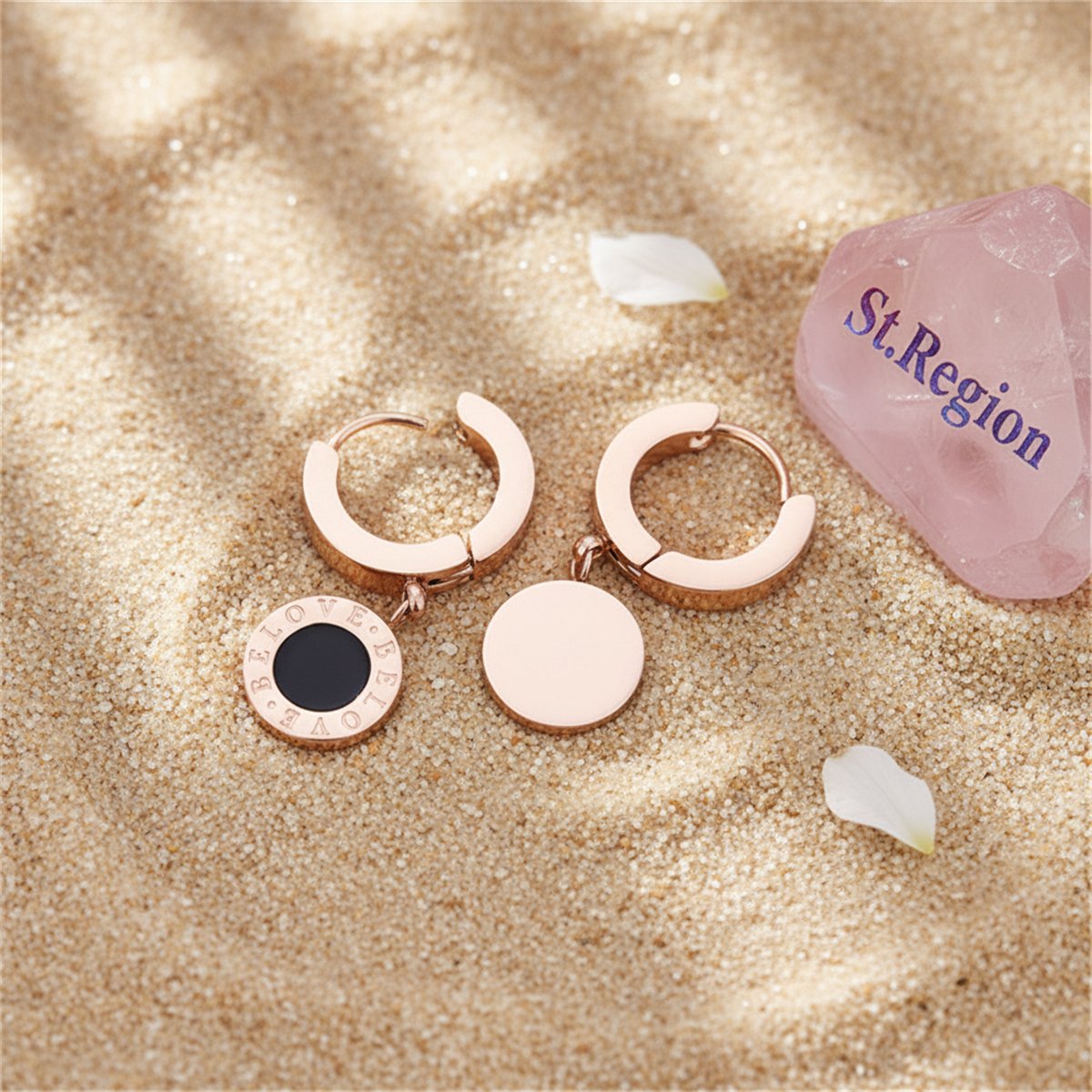 Black and 18K Rose Gold-Plated Huggie Earrings, rose gold huggie earrings, vintage-inspired design, detail close-up