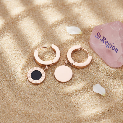 Black and 18K Rose Gold-Plated Huggie Earrings, rose gold huggie earrings, vintage-inspired design, detail close-up