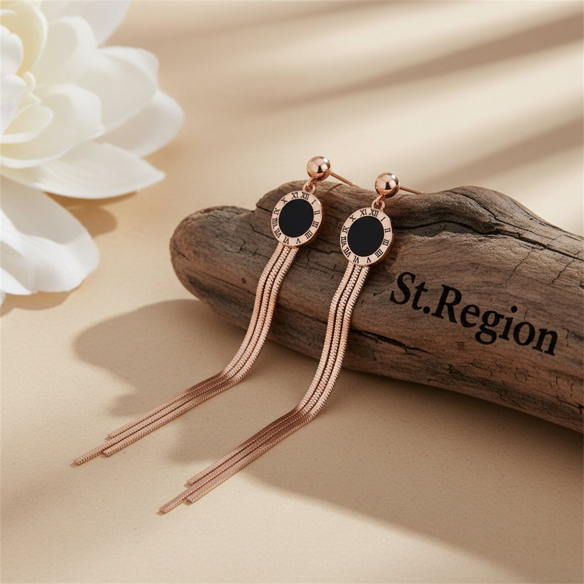 Black and 18K Rose Gold-Plated Roman Numeral Tassel Drop Earrings, rose gold drop earrings for women, front view