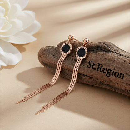 Black and 18K Rose Gold-Plated Roman Numeral Tassel Drop Earrings, rose gold drop earrings for women, front view