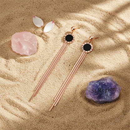 Black and 18K Rose Gold-Plated Roman Numeral Tassel Drop Earrings, rose gold drop earrings for women, detail close-up