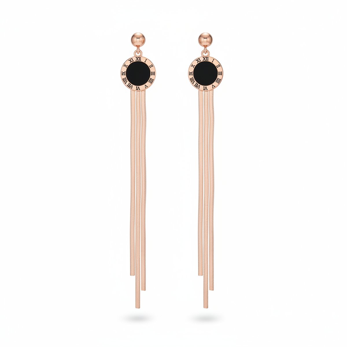 Black and 18K Rose Gold-Plated Roman Numeral Tassel Drop Earrings, rose gold drop earrings for women, side view