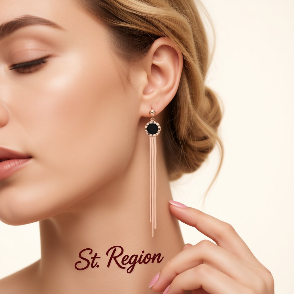 Black and 18K Rose Gold-Plated Roman Numeral Tassel Drop Earrings, rose gold drop earrings for women, styled look