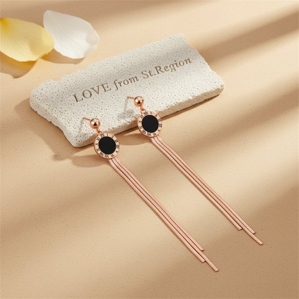 Black and 18K Rose Gold-Plated Roman Numeral Tassel Drop Earrings, rose gold drop earrings for women, lifestyle look
